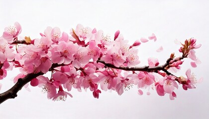 Obraz premium pink cherry blossom branch with petals blowing in the wind, white 