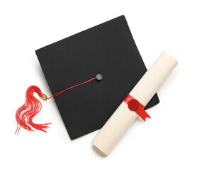Mortar board and diploma on white background