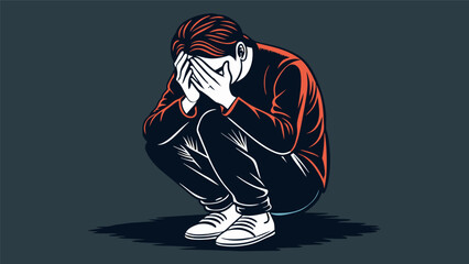 A rapid charcoal sketch of a person crouched in fear their hands covering their face.. Vector illustration