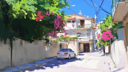 Bougainvilleadraped street whitewashed walls car parked blue sky