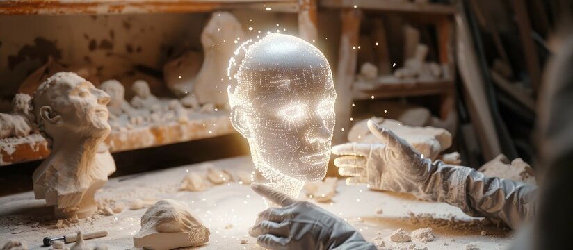 An architect in a minimalist office with an AI assistant as a holographic building model providing structural insights. Bright, natural lighting creates a professional setting. AIG60