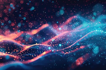 Obraz premium Abstract picture vivid particle neon light with digital technology style design connect become dynamic of electric wave movement represent about flowing of data or structure of network system. AIG51.