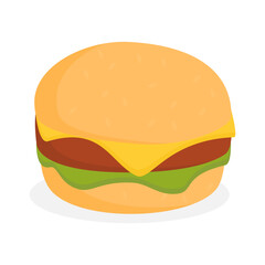 Flat style cheeseburger illustration with lettuce, beef and melted cheese on a sesame bun