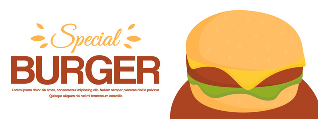 Burger banner with large promo text and delicious cheeseburger illustration, ideal for fast food branding