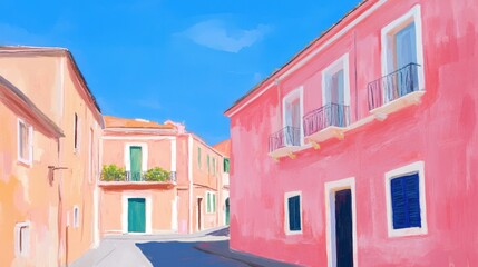Fototapeta premium Buranos candycolored streets bask under a vibrant blue sky charming Italian scene