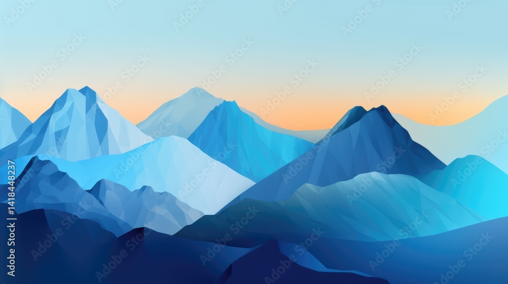 Poster the abstract picture of the blue mountain that painted with geometry and layers of the hills, abstra
