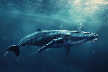 The picture of the blue whale is swimming in the ocean with the bright light of the sun, blue whale is the largest mammal animal known to have ever existed, both in terms of length and weight. AIG51.