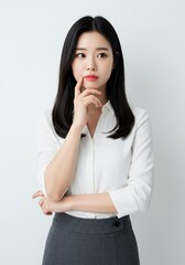 A beautiful Asian office worker woman is thinking about getting an idea for a future business plan.