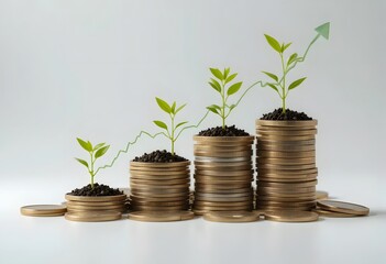 Seedling are growing with business arrow of growth.Concept of business growth,profit, development and success. Young plants on coin stacks increase.Growing money,finance and investment.