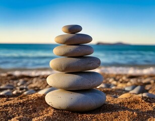 smooth river stones balanced on a beach, soft focus 