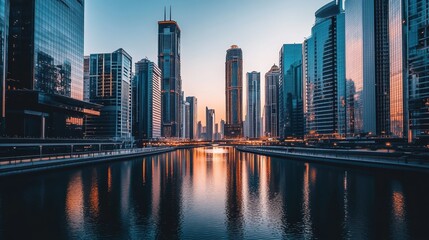 Fototapeta premium Skyline reflects on water as sunset illuminates a bustling city with modern architecture