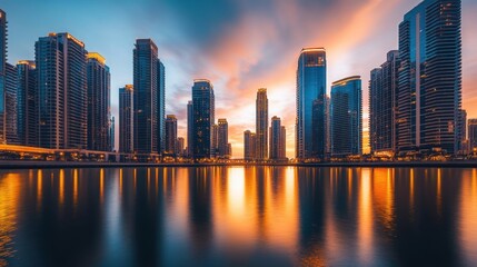 Fototapeta premium Skyline reflects on water as sunset illuminates a bustling city with modern architecture