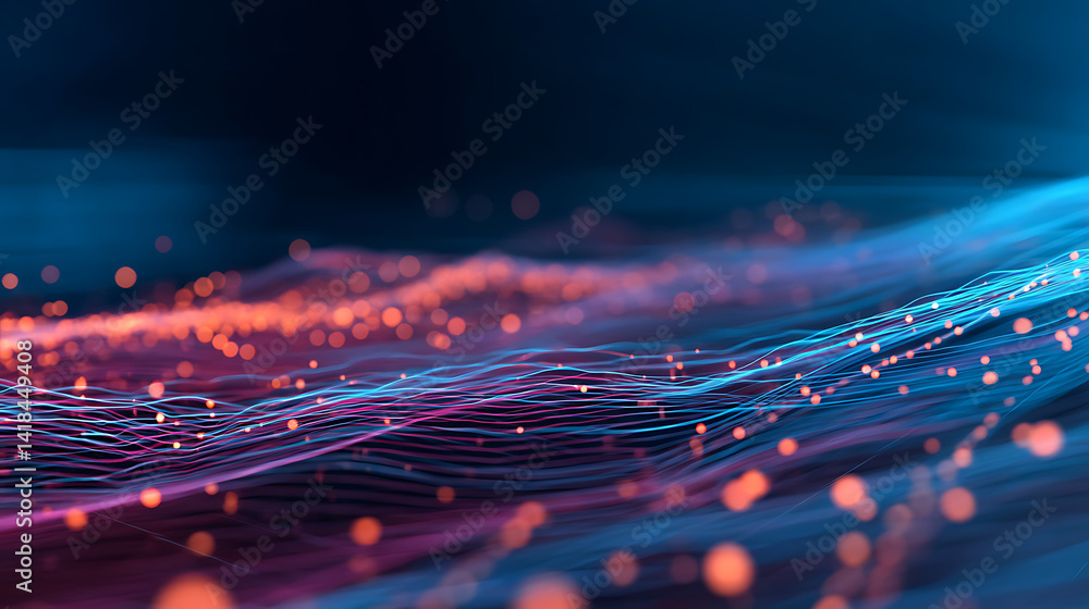 Poster quantum data visualization immersive digital particle landscape revealing ai-driven language process