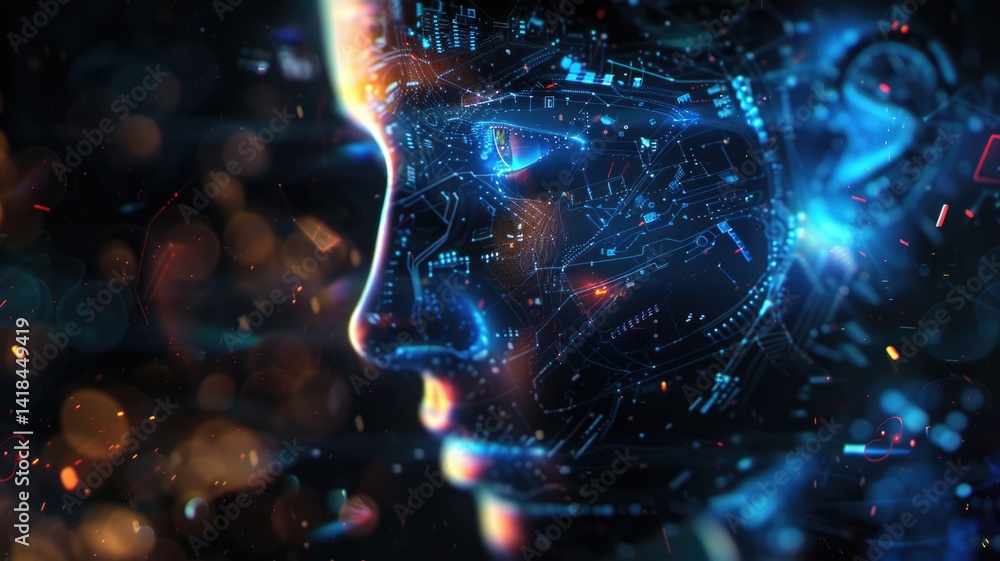 Poster science fiction picture of high tech robots for chat bot program, assistance technology about inform