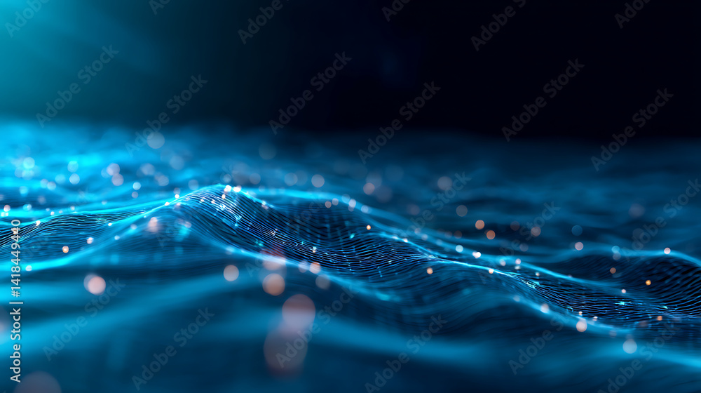 Poster quantum data visualization immersive digital particle landscape revealing ai-driven language process