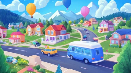 Cartoon town with colorful houses hot air balloons and vehicles on a sunny day
