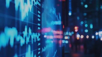 Fototapeta premium Financial data displayed on screen with city lights in the background. Abstract digital information