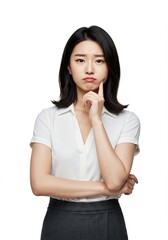 A beautiful Asian office worker woman is thinking about getting an idea for a future business plan.