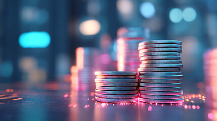 Futuristic Financial Growth Metallic Coin Stack with Neon Digital Overlay - Innovative Wealth Management and Investment Strategy Visualization