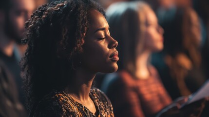 Contemplative choir member lost in song during performance with eyes closed
