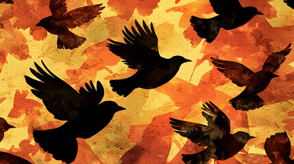 Birds in flight, autumn colors, abstract background, nature design