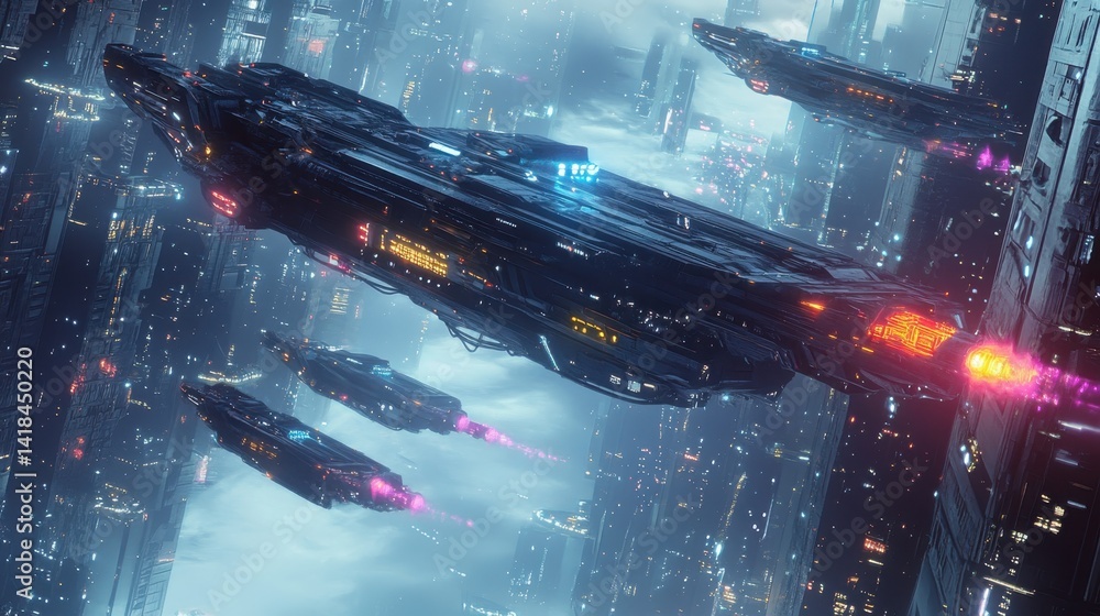 Poster futuristic space scene with glowing structures in a vibrant nebula at twilight