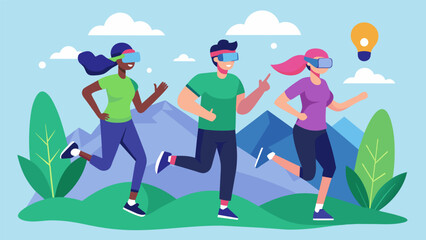 Explore new virtual terrains and join in on group runs with fellow VR running club members creating memorable virtual experiences together.. Vector illustration