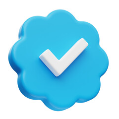 Blue verified 3d icon with white tick check mark isolated on transparent background. Verification badge. Social media user account verification