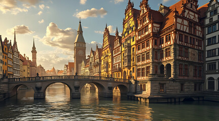 Obraz premium Exploring Medieval Town with River and Bridge During Sunny Afternoon