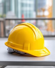 construction safety helmet, yellow hard hat on site, industrial work gear concept