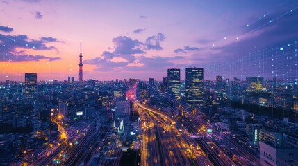 Fototapeta premium Urban skyline illuminated by colorful lights during twilight with digital billboards in a bustling city scene