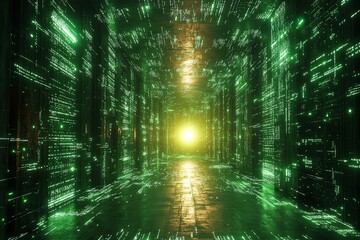 Obraz premium Digital Corridor with Glowing Green Data Stream