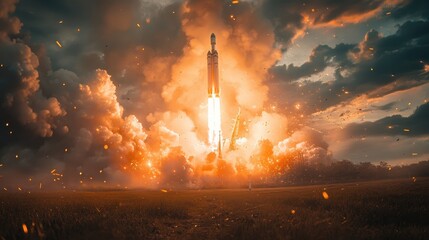 Obraz premium Rocket launches into the sky at a coastal launch site during a clear day with fluffy clouds in the background