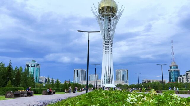 ASTANA, KAZAKHSTAN &ndash; July 30, 2023: Baiterek Tower. Monument and observation tower in Kazakhstan. The main symbol of the city against the background of modern buildings. The city of Nur Sultan. 4K