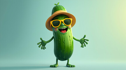 Cartoon Pickle Character Smiling Wearing Hat and Sunglasses Posing Welcome