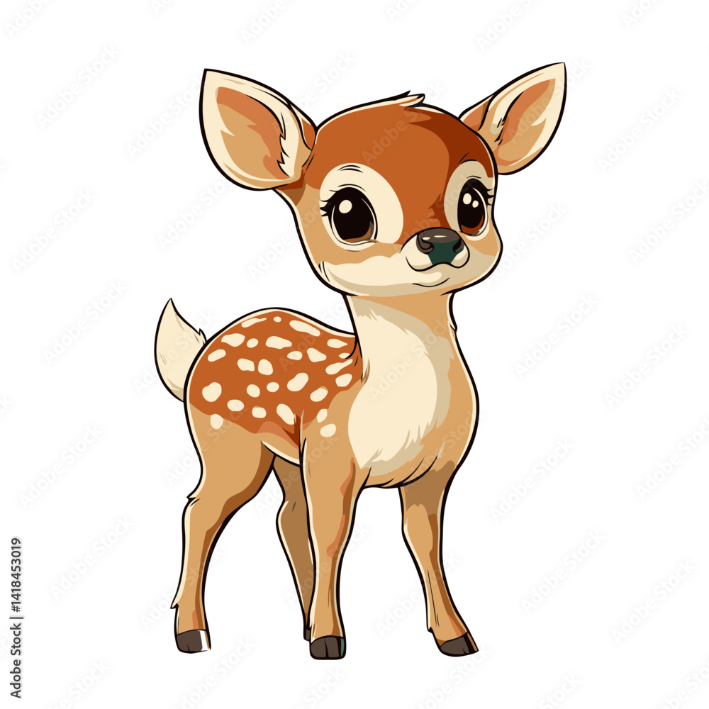 Poster cute fawn cartoon character standing playfully in a whimsical setting with a friendly expression