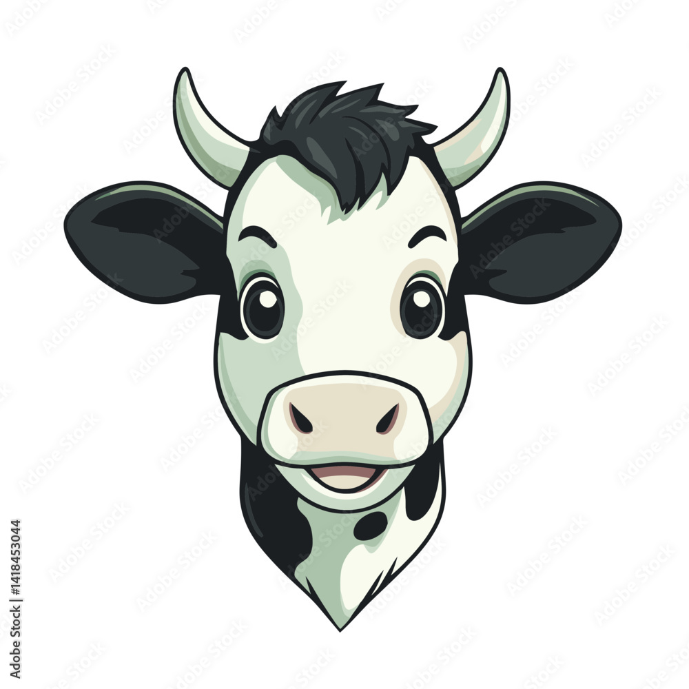 Poster smiling cow cartoon depicting a cheerful and friendly farm animal with a playful expression and simp