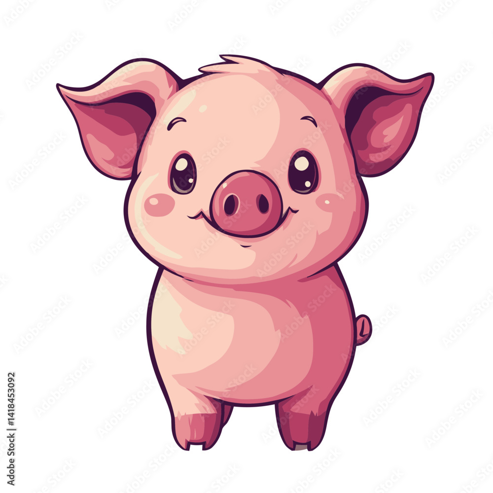 Poster charming cartoon piglet character with a bright smile and playful expression in a simple flat design