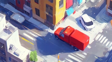 Cityscape snapshot Red truck pauses by crosswalk near a white car