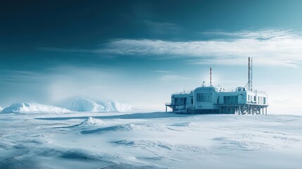 Fototapeta premium Remote research station shrouded in icy landscape under a somber sky