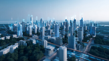 Obraz premium Augmented Urban Futures Holographic Smart City Projection with Digital Twin Technology - Next-Generation Urban Planning and Innovative Infrastructure Management