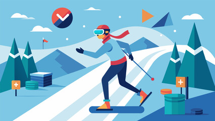 In a virtual reality biathlon training session biathletes must navigate through obstacles and unexpected challenges on the crosscountry skiing course.. Vector illustration