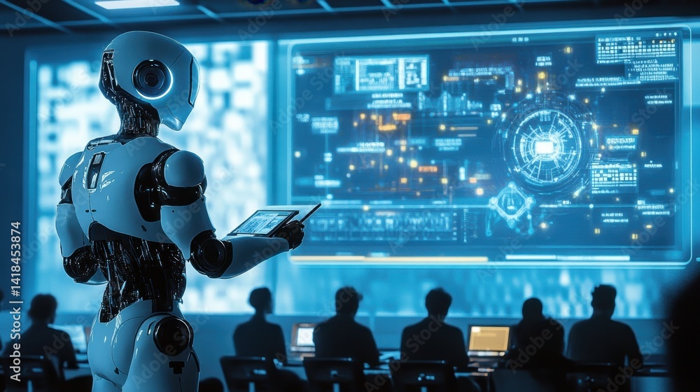 Poster robot presenting data analysis in a futuristic conference room with engaged audience in the backgrou