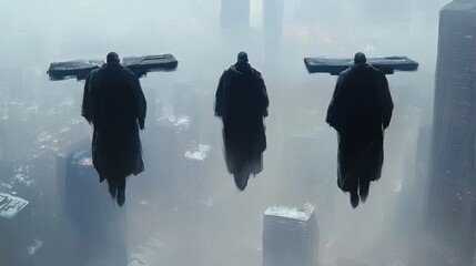 Cloaked figures hover over a misty cityscape their presence mysterious and ominous