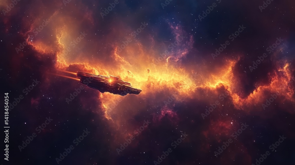 Poster vivid cosmic nebula with a spaceship traveling through colorful interstellar clouds in deep space