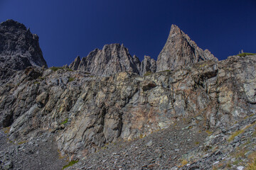 Towering Minarets rising above rugged terrain near Mammoth, California