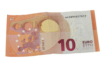 Back side of a ten euro banknote featuring a Romanesque bridge spanning across a map of Europe, symbolizing unity and communication within the European Union.