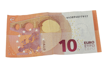 Back side of a ten euro banknote featuring a Romanesque bridge spanning across a map of Europe, symbolizing unity and communication within the European Union.