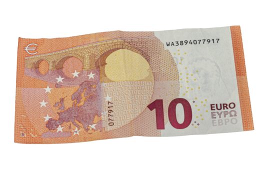 Back side of a ten euro banknote featuring a Romanesque bridge spanning across a map of Europe, symbolizing unity and communication within the European Union.