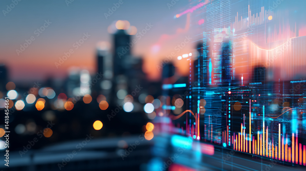 Poster ai-powered analytics at golden hour hyper-focused digital workspace with cinematic urban sunset illu